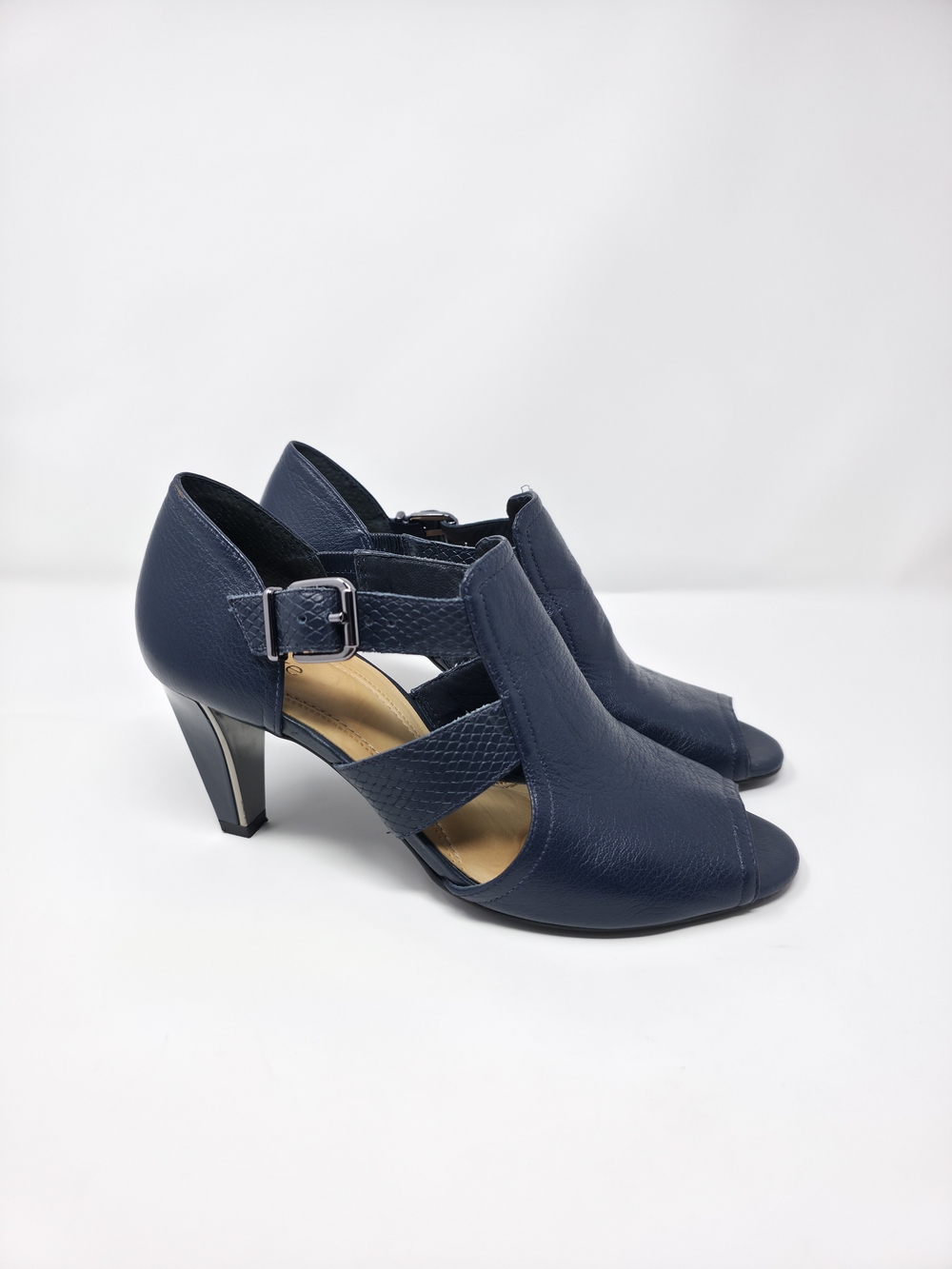 Nurture Pamina Navy Leather Peep Toe Comfort Heels Size 9.5